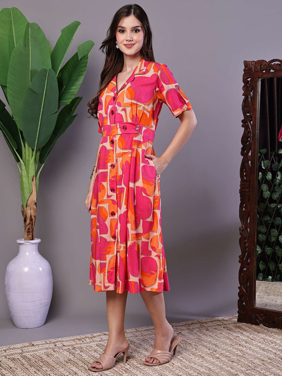 Women's Pink & Orange Abstract Print Cotton Shirt Dress - Image 3